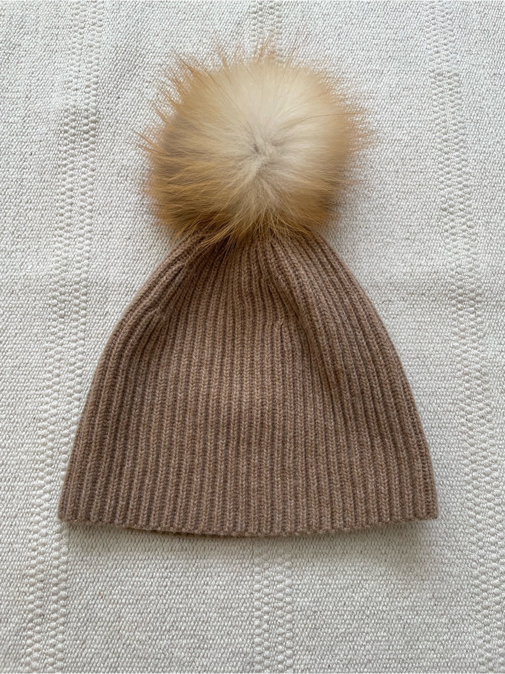 Lafayette 148 100% Cashmere Fox Pom Beanie Camel Brown One Size Quiet Luxury